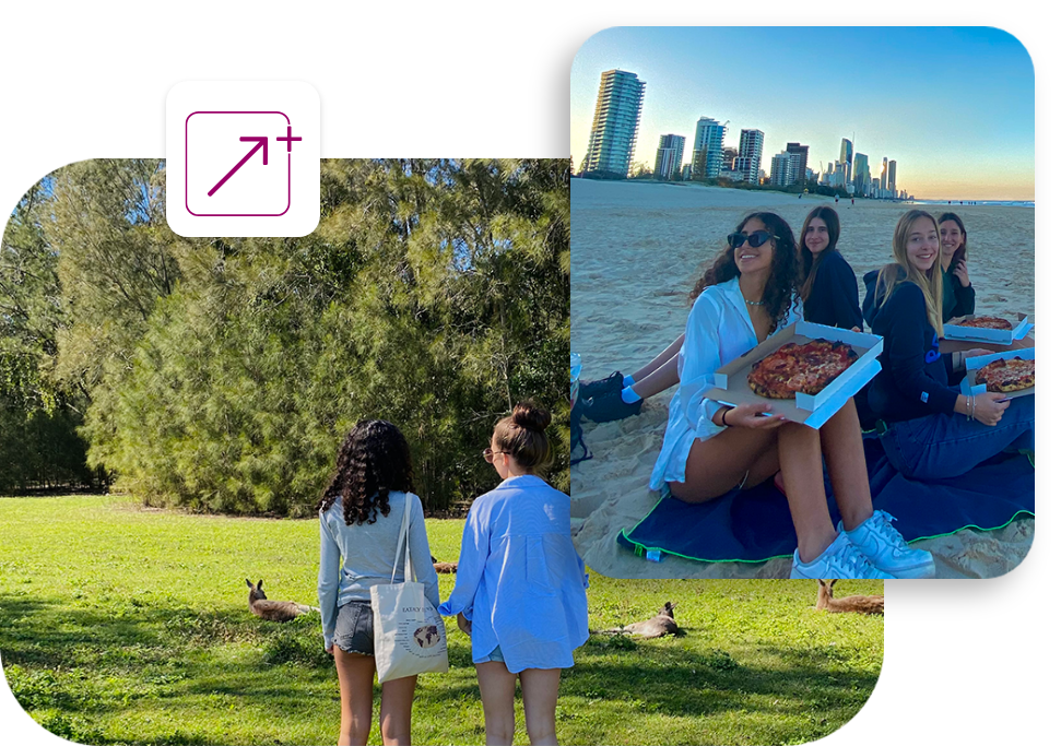 Un gruppo di ragazze partite con il Select Plus Program in Australia passeggiano un parco e mangiano una pizza in spiaggia