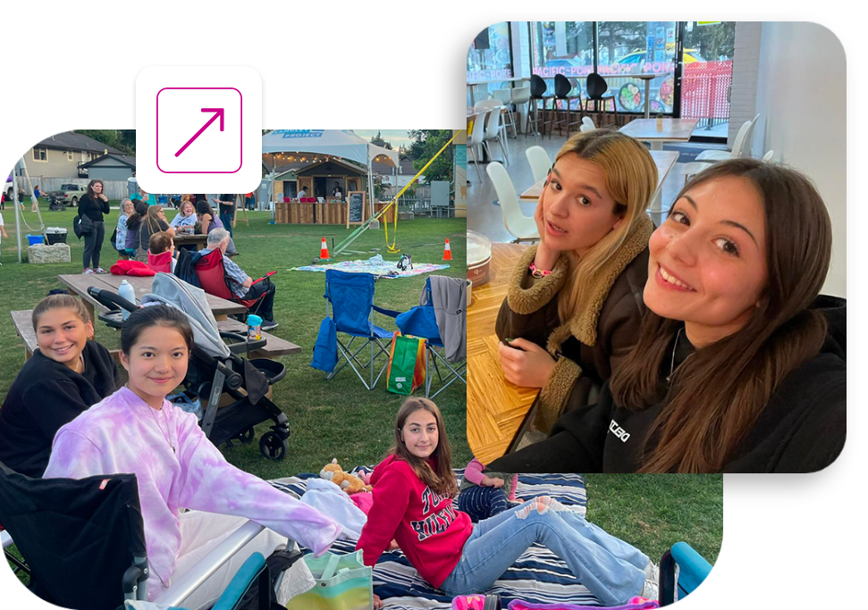 Gruppo di ragazze partite con il Select Program in Canada mentre sonno sedute sul prato in un campeggio e mentre si trovano in un locale